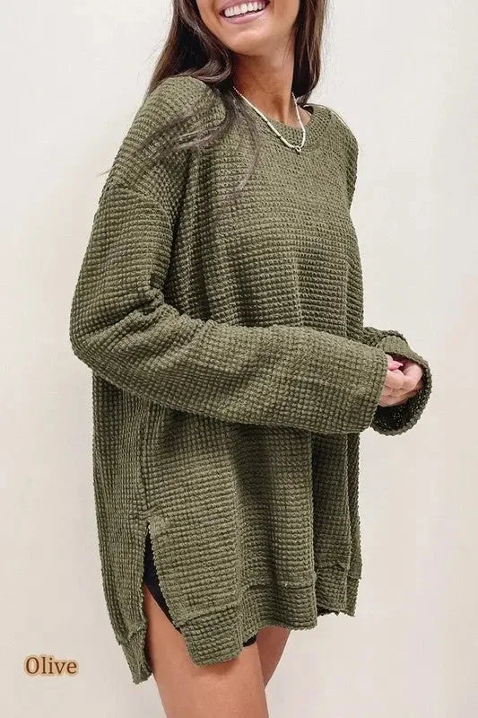 Limited Time Waffle Knit Drop Sleeve Side Slits Oversized Top