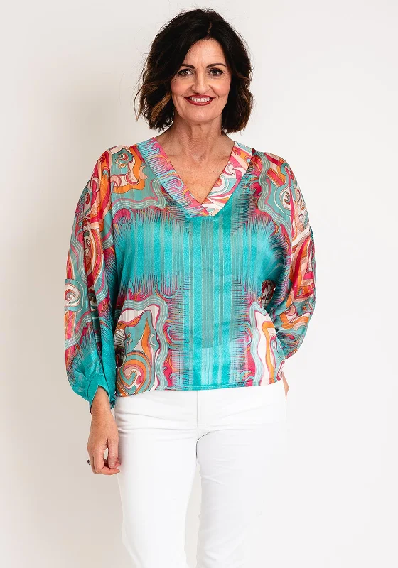 Instant Savings Serafina Collection One Size Retro Print V Neck Top, Teal