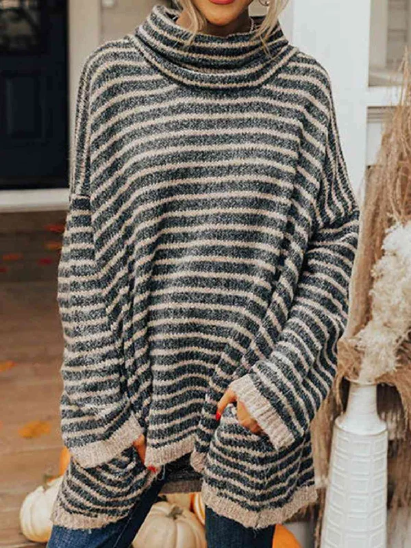 The Best Deal TastyHottie - Striped Turtleneck Sweater with Pockets