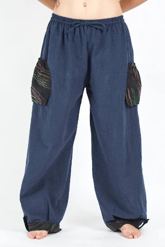 Price Smash Unisex Drawstring Cotton Pants with Hill Tribe Trim in Blue