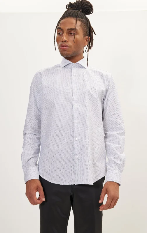 Pure Cotton French Placket Spread Collar Dress Shirt - White Navy Jacquard