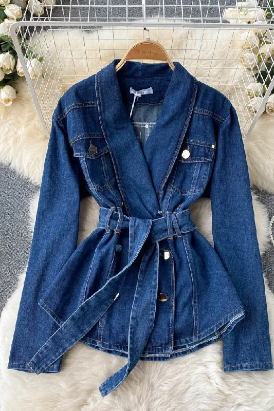Weekend Discounts to Relish Denim Jacket Women's V-neck double breasted  1512