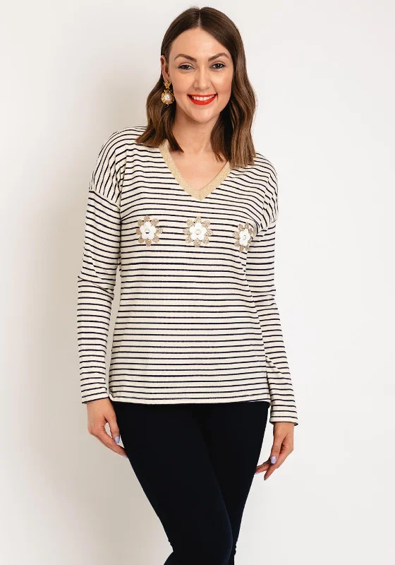 Buy Now Serafina Collection One Size Shimmery Flower Striped Top, Beige