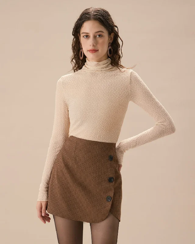 Blowout Sale Women's Apricot Mock Neck See-through Slim Tee