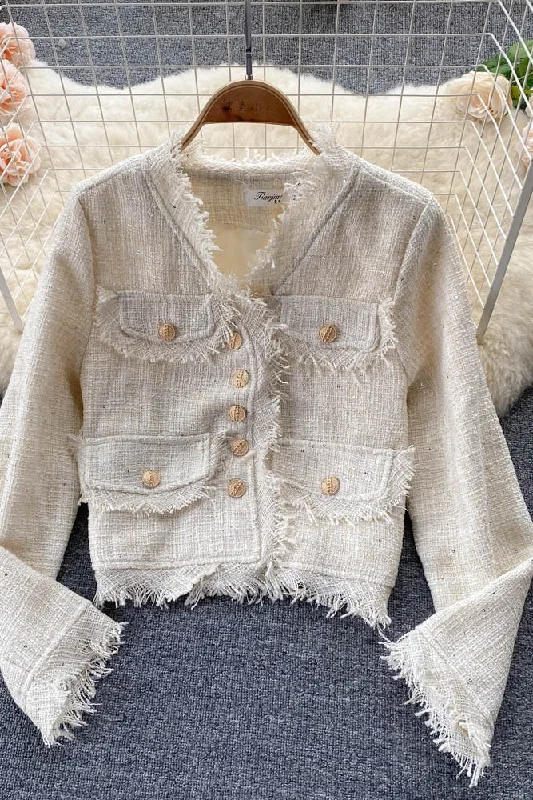 Seasonal Sale Vintage small fragrance tweed coat V-neck coat  1556