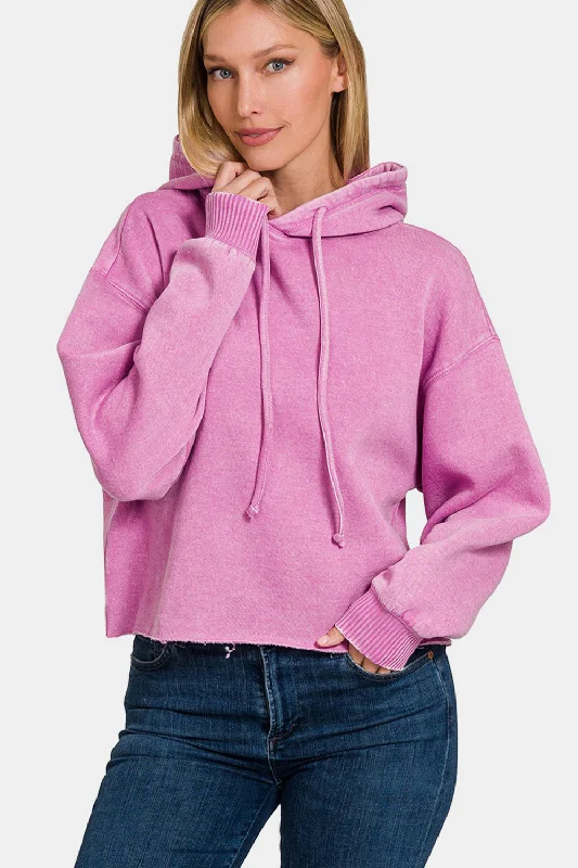 Great Bargain Zenana Acid Wash Fleece Cropped Hoodie